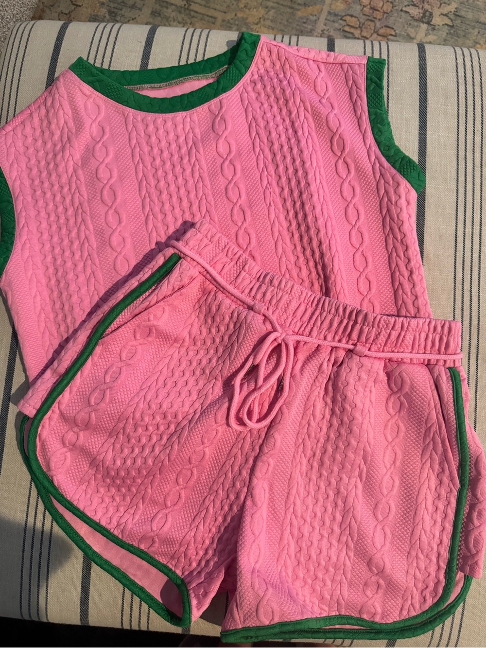 Women’s Pink Cable-Knit Two-Piece One-Piece Set with Green Trim